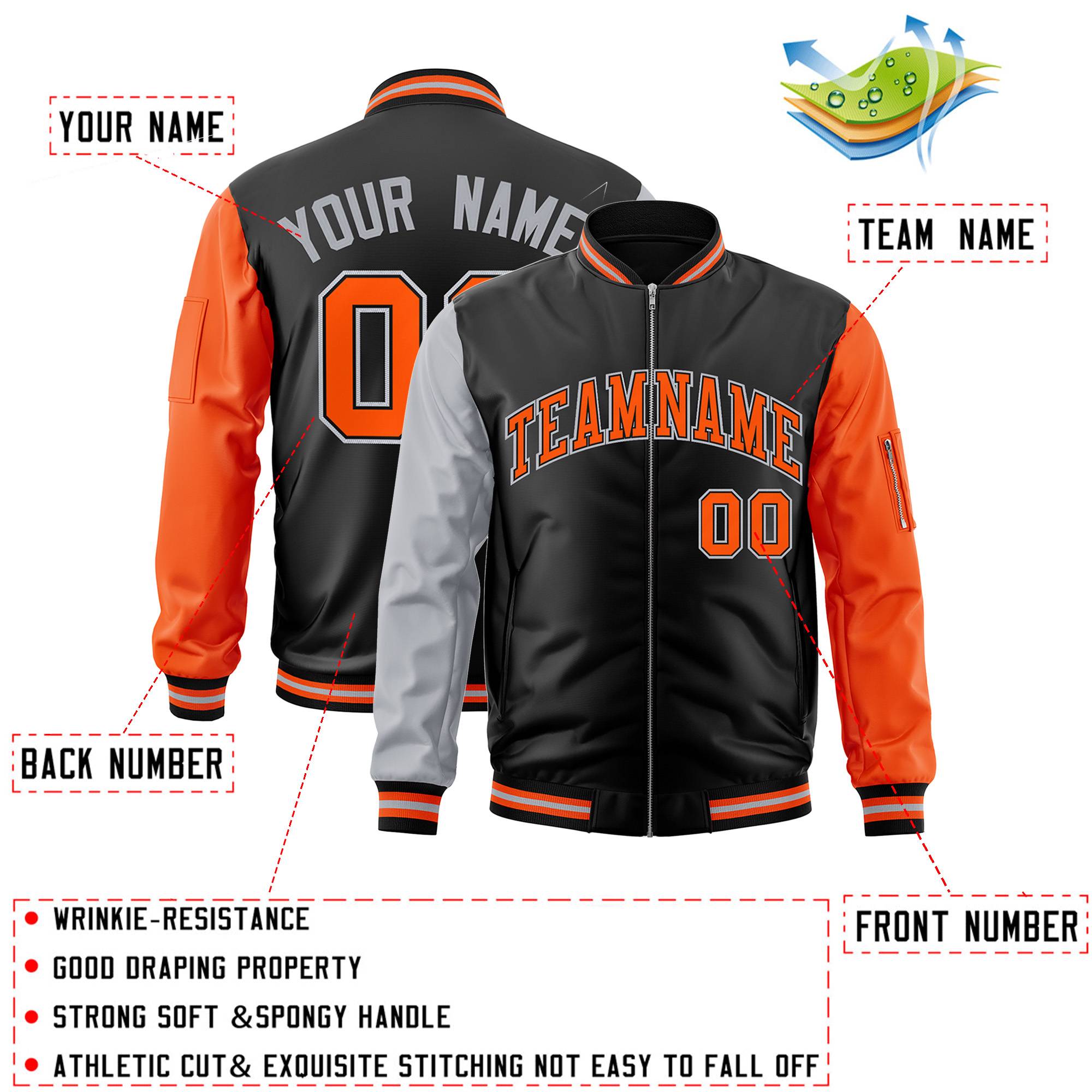 Custom Black Orange-Gray Varsity Full-Zip Raglan Sleeves Letterman Bomber Jacket