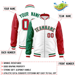 Custom White Red-Kelly Green Varsity Full-Zip Raglan Sleeves Letterman Bomber Jacket