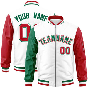 Custom White Red-Kelly Green Varsity Full-Zip Raglan Sleeves Letterman Bomber Jacket