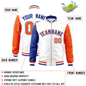 Custom White Orange-Royal Varsity Full-Zip Raglan Sleeves Letterman Bomber Jacket