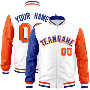 Custom White Orange-Royal Varsity Full-Zip Raglan Sleeves Letterman Bomber Jacket