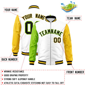 Custom White Gold-Neon Green Varsity Full-Zip Raglan Sleeves Letterman Bomber Jacket