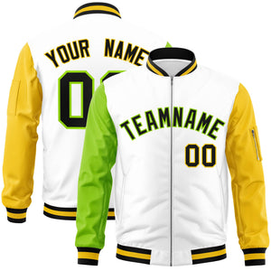 Custom White Gold-Neon Green Varsity Full-Zip Raglan Sleeves Letterman Bomber Jacket