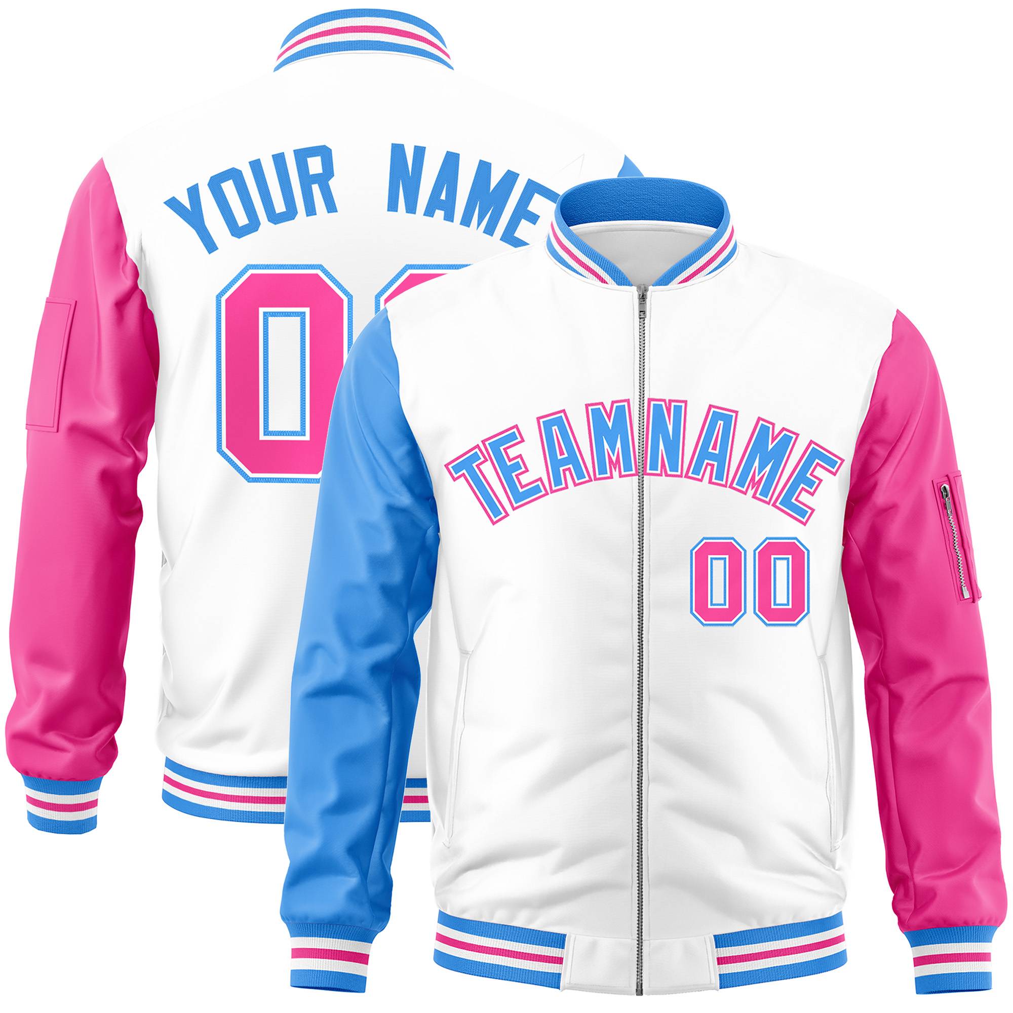 Custom White Pink-Powder Blue Varsity Full-Zip Raglan Sleeves Letterman Bomber Jacket