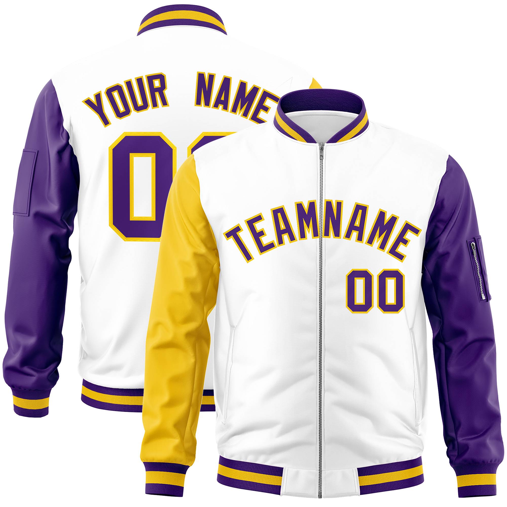 Custom White Purple-Gold Varsity Full-Zip Raglan Sleeves Letterman Bomber Jacket