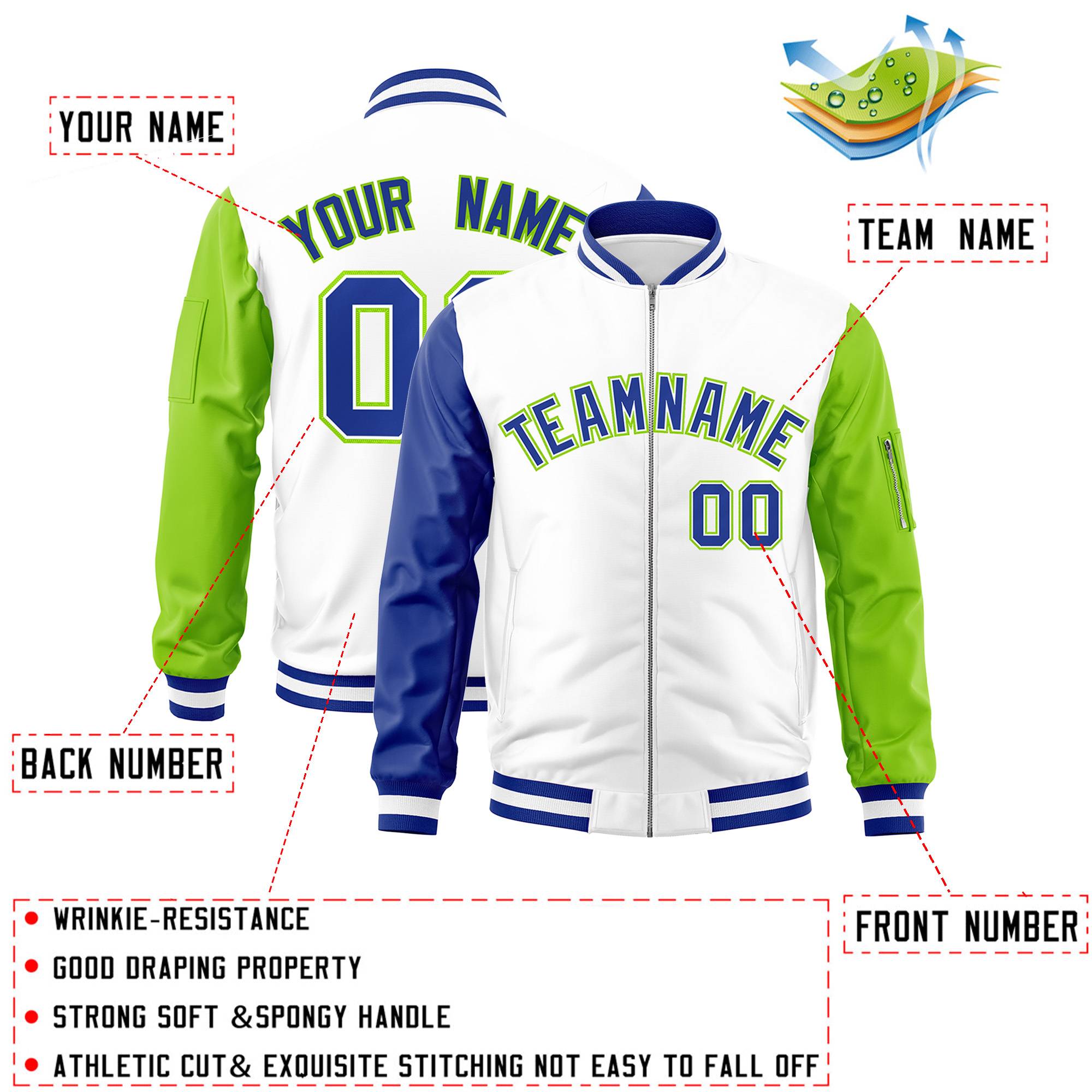 Custom White Neon Green-Royal Varsity Full-Zip Raglan Sleeves Letterman Bomber Jacket