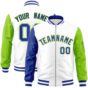 Custom White Neon Green-Royal Varsity Full-Zip Raglan Sleeves Letterman Bomber Jacket