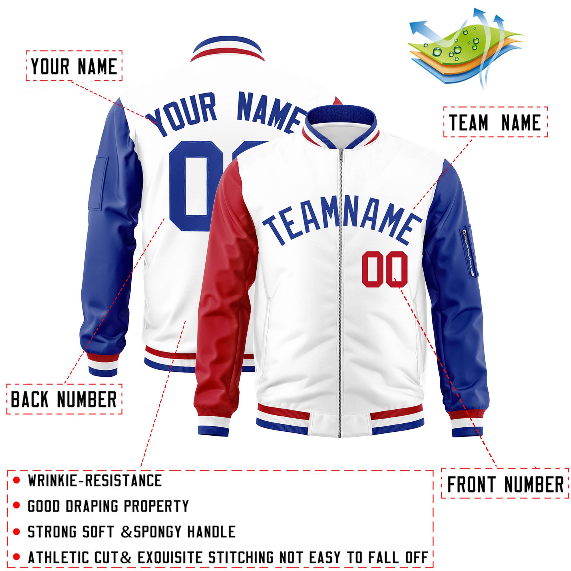 Custom White Royal-Red Varsity Full-Zip Raglan Sleeves Letterman Bomber Jacket