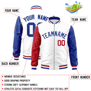 Custom White Royal-Red Varsity Full-Zip Raglan Sleeves Letterman Bomber Jacket