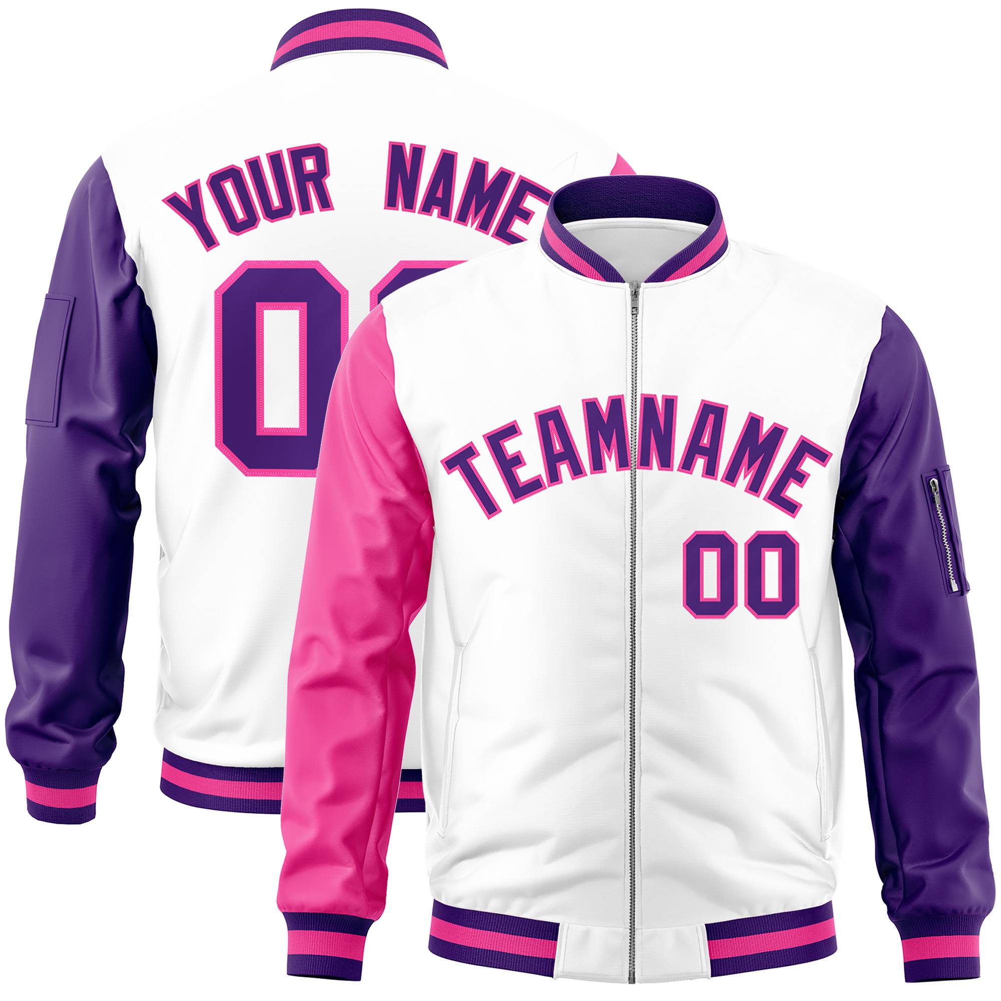 Custom White Purple-Pink Varsity Full-Zip Raglan Sleeves Letterman Bomber Jacket