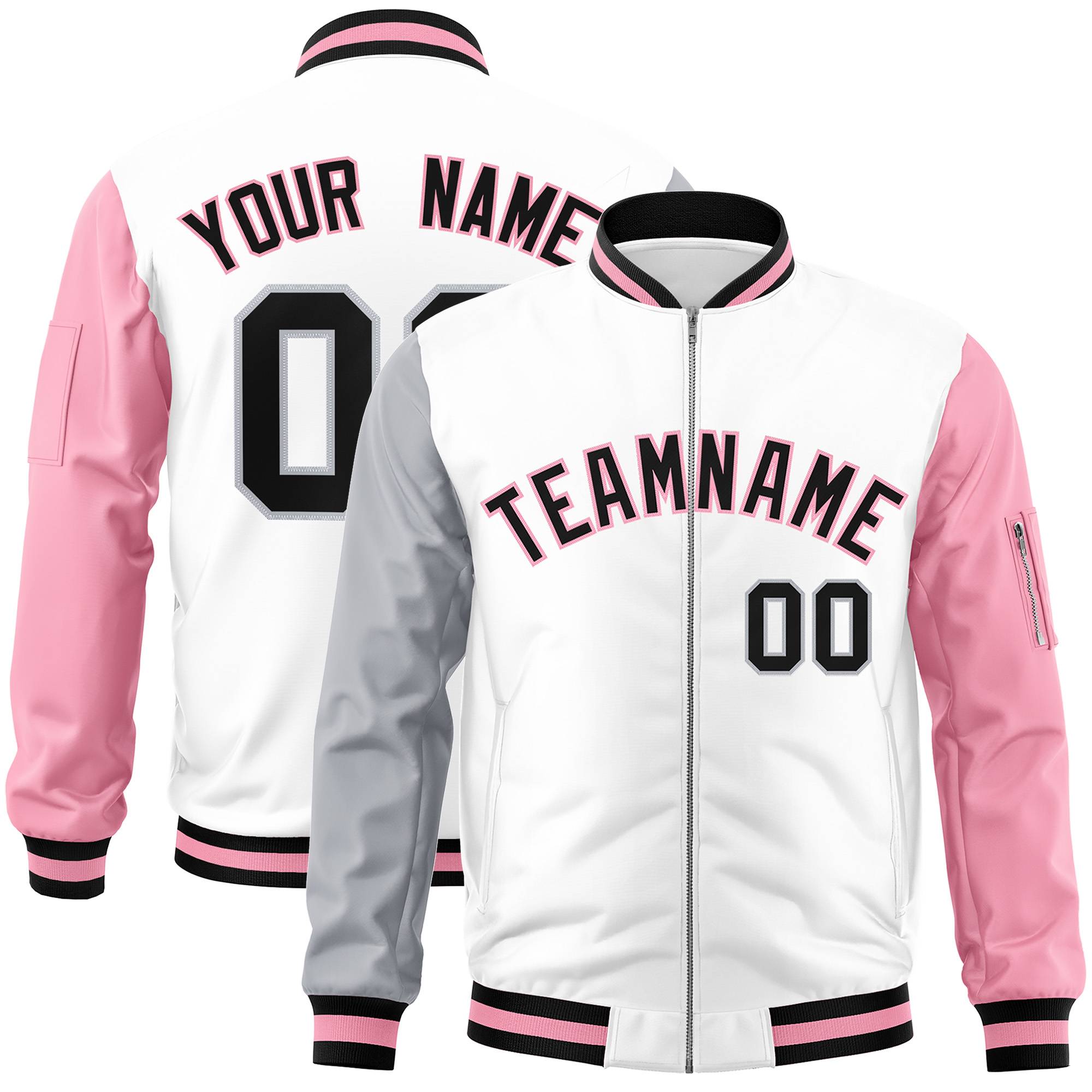 Custom White Light Pink-Gray Varsity Full-Zip Raglan Sleeves Letterman Bomber Jacket