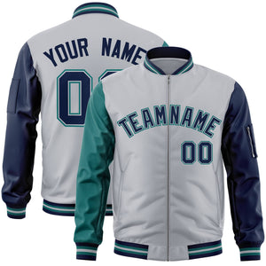 Custom Gray Navy-Aqua Varsity Full-Zip Raglan Sleeves Letterman Bomber Jacket