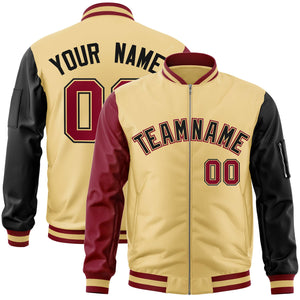 Custom Khaki Black-Crimson Varsity Full-Zip Raglan Sleeves Letterman Bomber Jacket