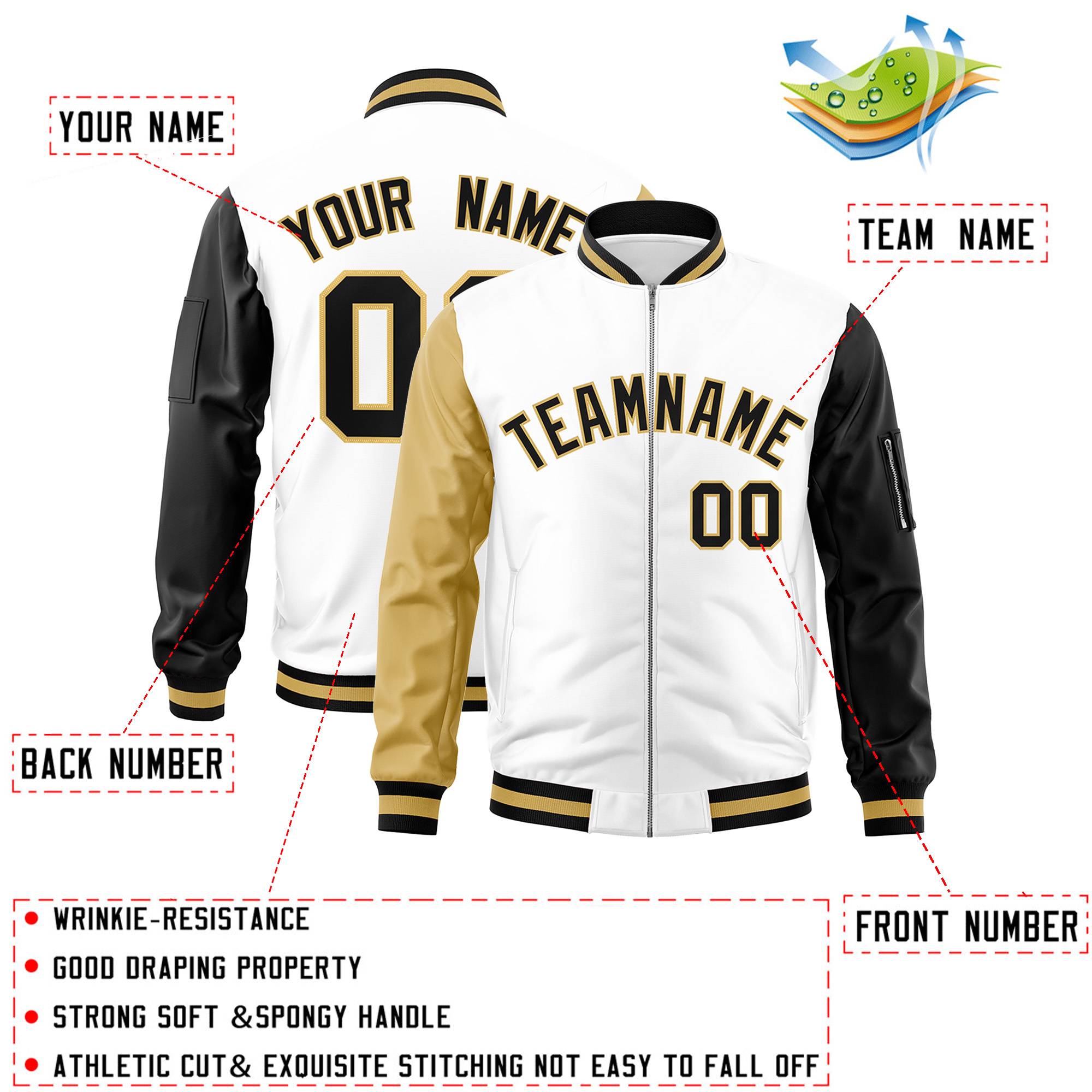 Custom White Black-Old Gold Varsity Full-Zip Raglan Sleeves Letterman Bomber Jacket