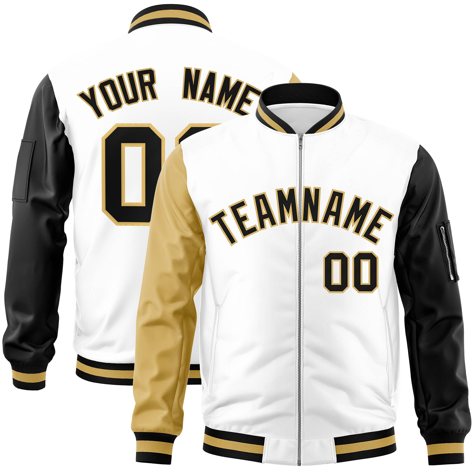 Custom White Black-Old Gold Varsity Full-Zip Raglan Sleeves Letterman Bomber Jacket