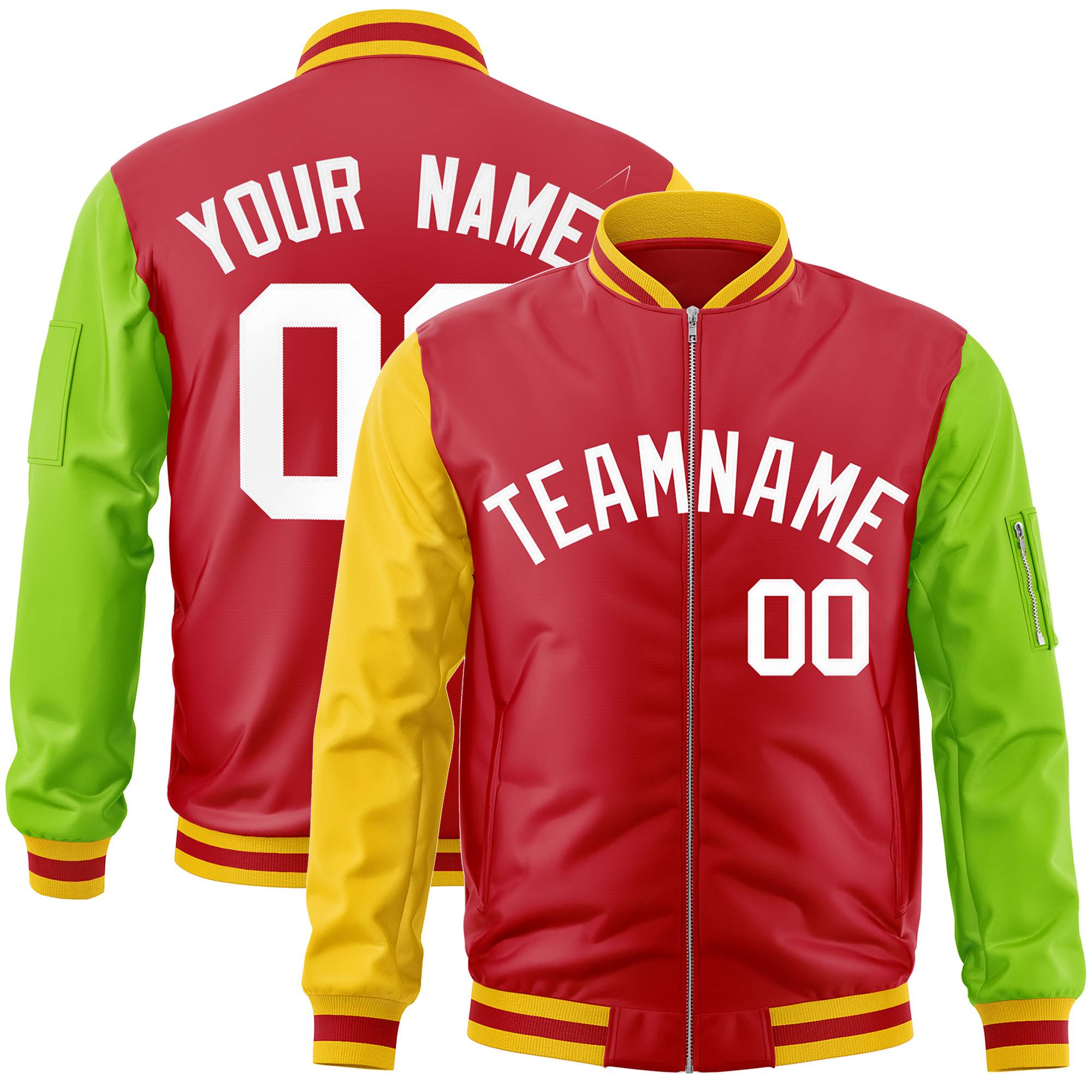 Custom Red Neon Green-Gold Varsity Full-Zip Raglan Sleeves Letterman Bomber Jacket