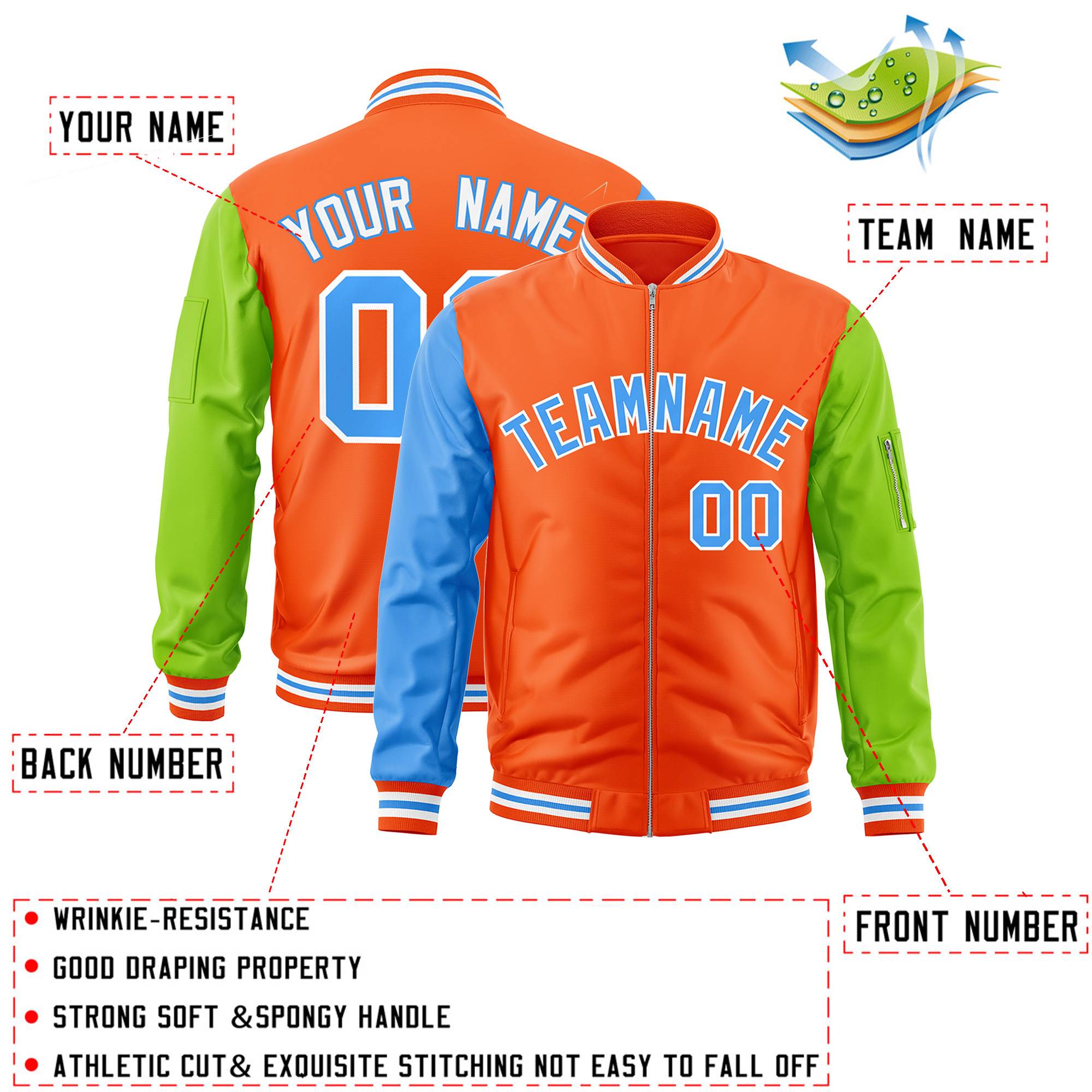 Custom Orange Neon Green-Powder Blue Varsity Full-Zip Raglan Sleeves Letterman Bomber Jacket