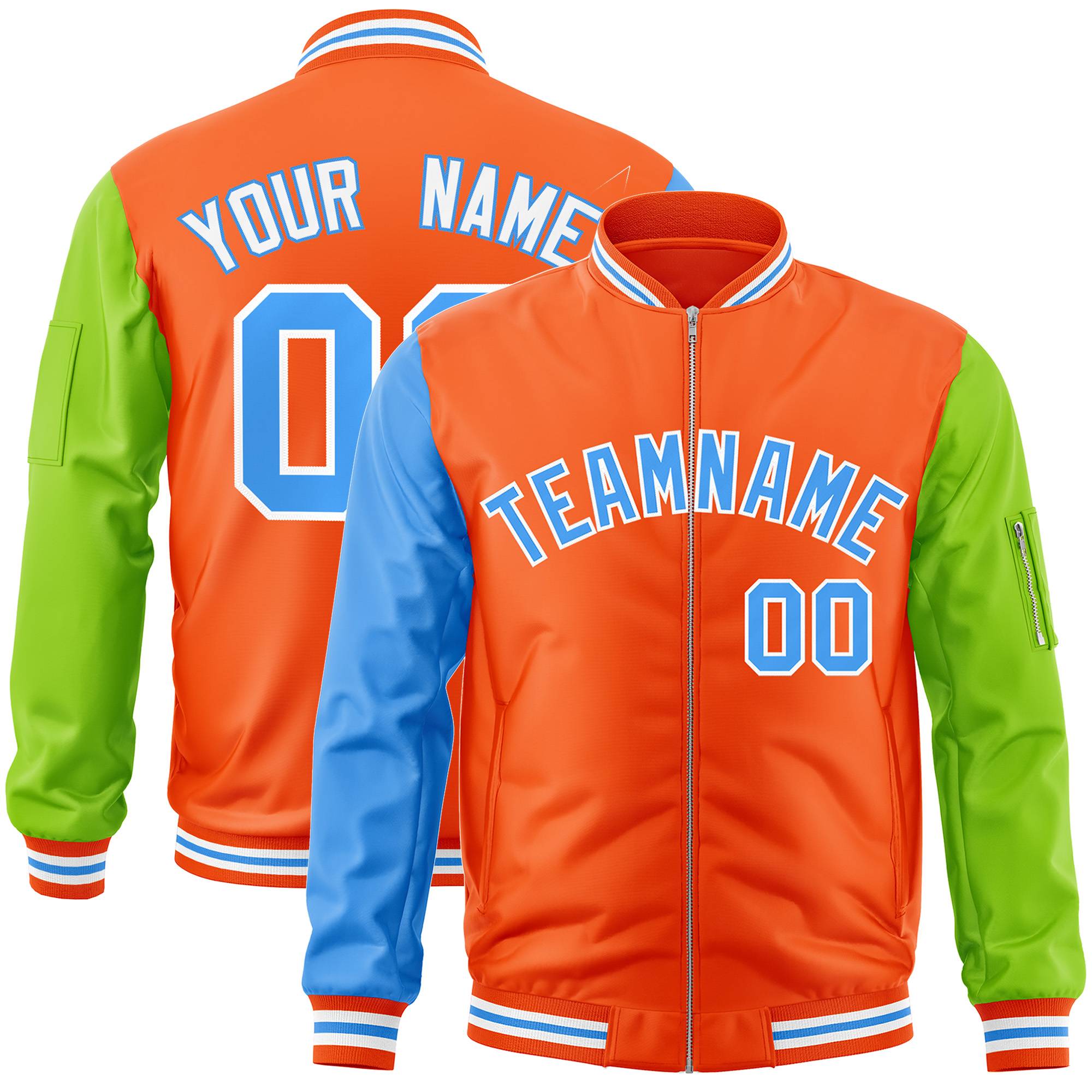 Custom Orange Neon Green-Powder Blue Varsity Full-Zip Raglan Sleeves Letterman Bomber Jacket