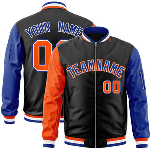 Custom Black Royal-Orange Varsity Full-Zip Raglan Sleeves Letterman Bomber Jacket