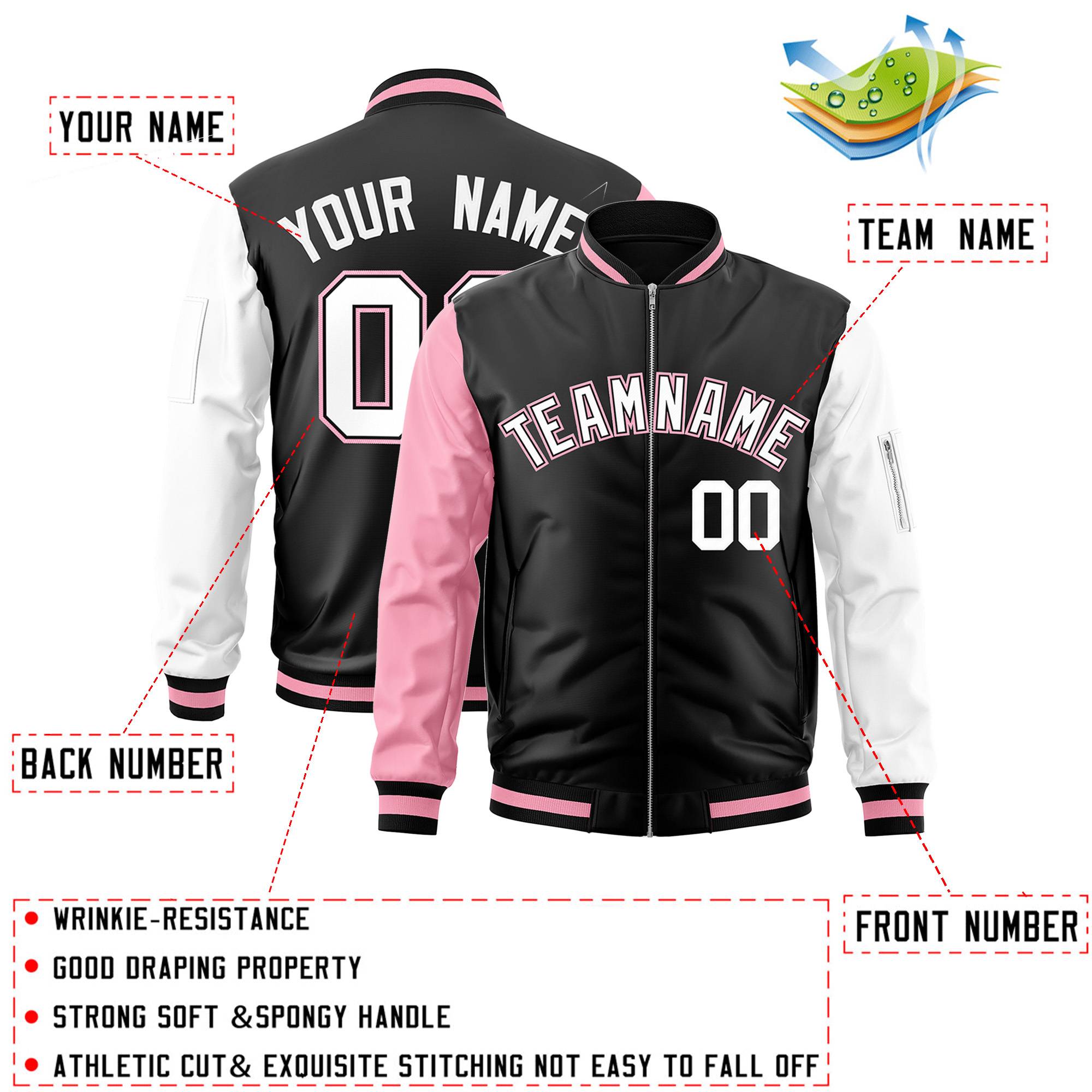 Custom Black White-Light Pink Varsity Full-Zip Raglan Sleeves Letterman Bomber Jacket