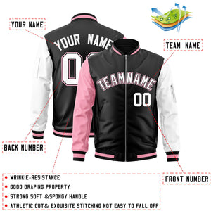 Custom Black White-Light Pink Varsity Full-Zip Raglan Sleeves Letterman Bomber Jacket