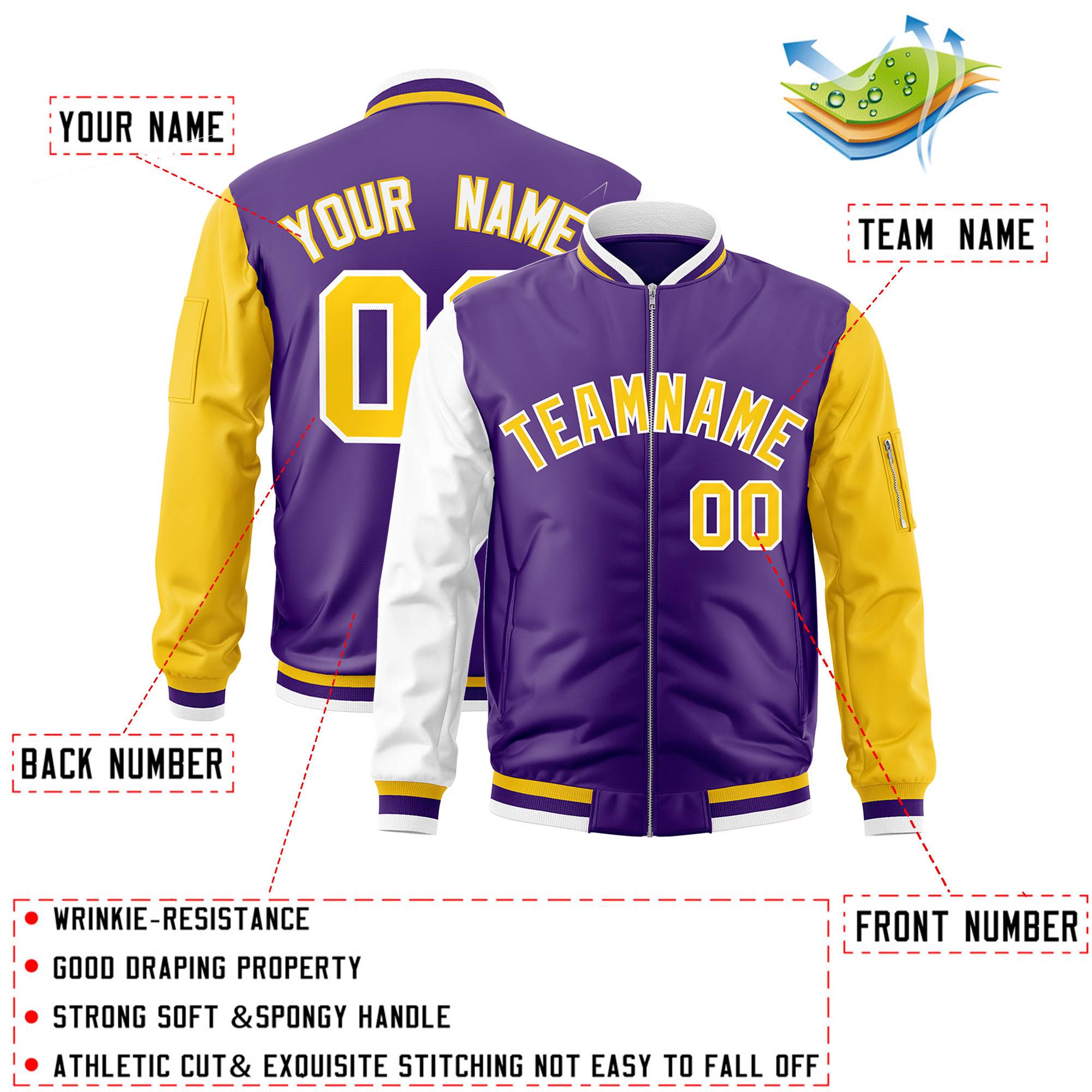 Custom Purple Gold-White Varsity Full-Zip Raglan Sleeves Letterman Bomber Jacket