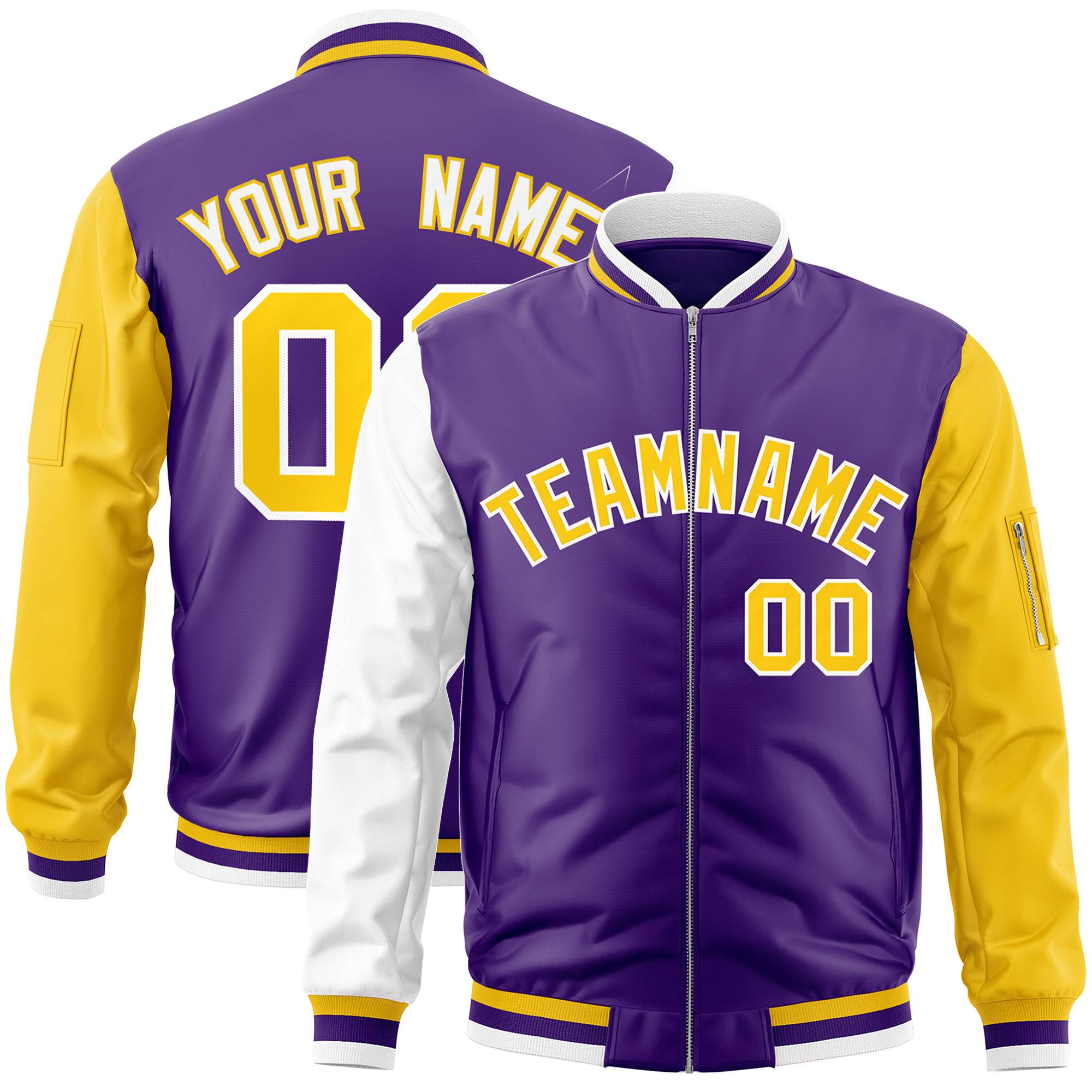 Custom Purple Gold-White Varsity Full-Zip Raglan Sleeves Letterman Bomber Jacket