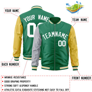 Custom Kelly Green Old Gold-Gray Varsity Full-Zip Raglan Sleeves Letterman Bomber Jacket