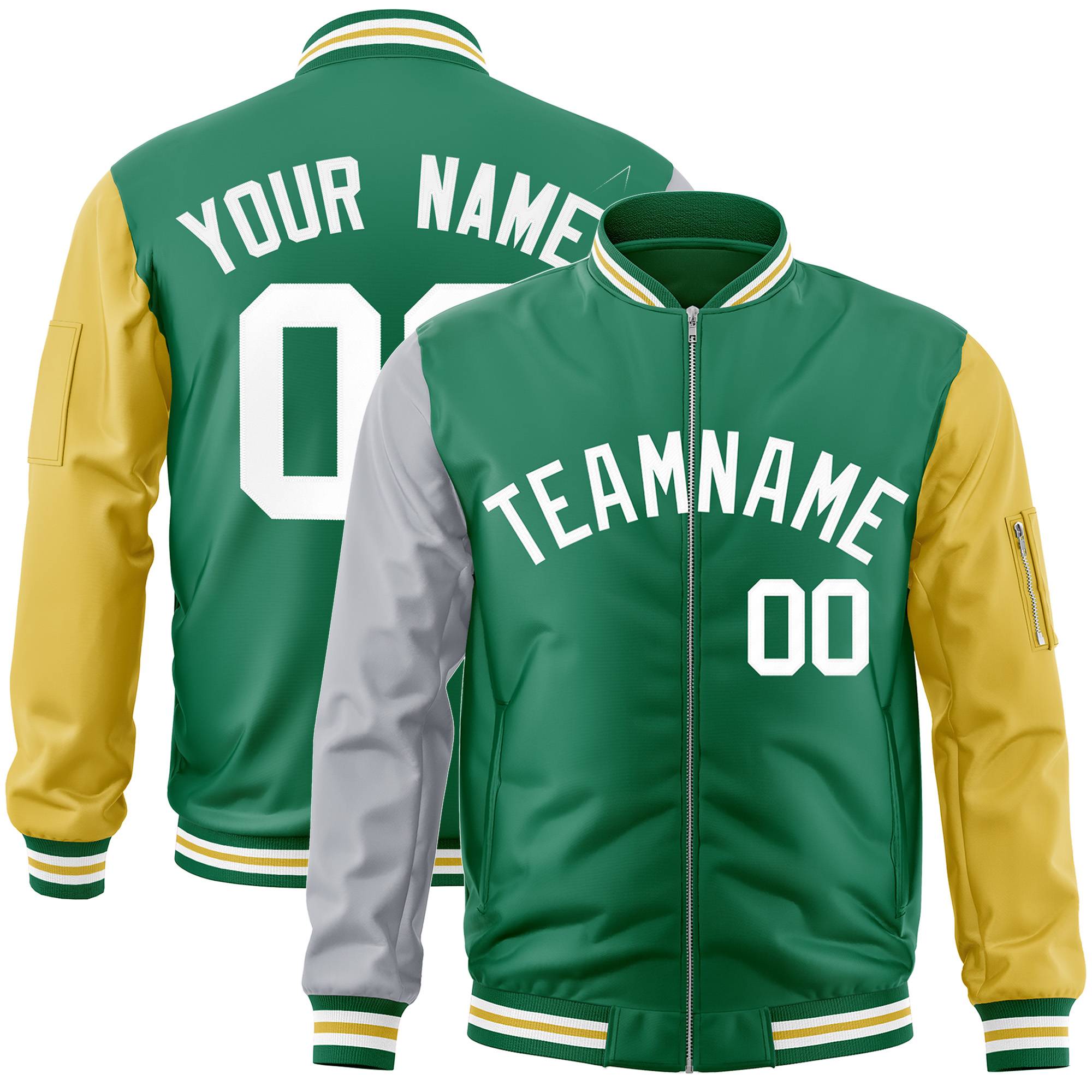 Custom Kelly Green Old Gold-Gray Varsity Full-Zip Raglan Sleeves Letterman Bomber Jacket