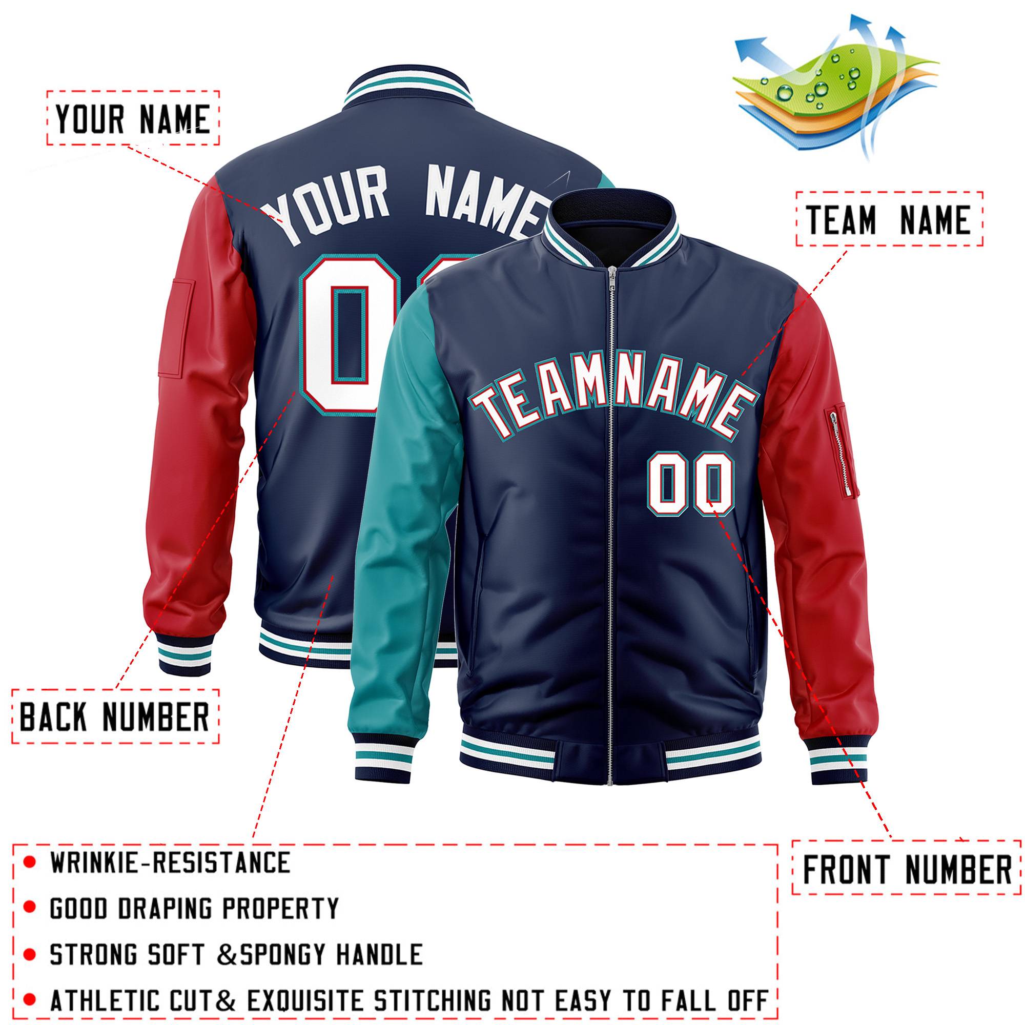 Custom Navy Red-Aqua Varsity Full-Zip Raglan Sleeves Letterman Bomber Jacket