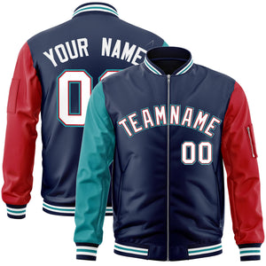 Custom Navy Red-Aqua Varsity Full-Zip Raglan Sleeves Letterman Bomber Jacket