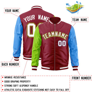 Custom Crimson Powder Blue-Neon Green Varsity Full-Zip Raglan Sleeves Letterman Bomber Jacket