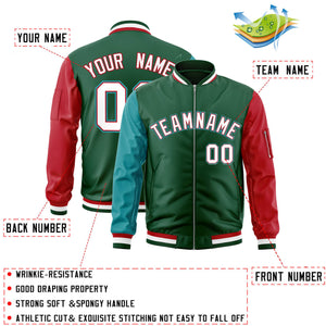 Custom Green Red-Aqua Varsity Full-Zip Raglan Sleeves Letterman Bomber Jacket