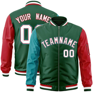 Custom Green Red-Aqua Varsity Full-Zip Raglan Sleeves Letterman Bomber Jacket