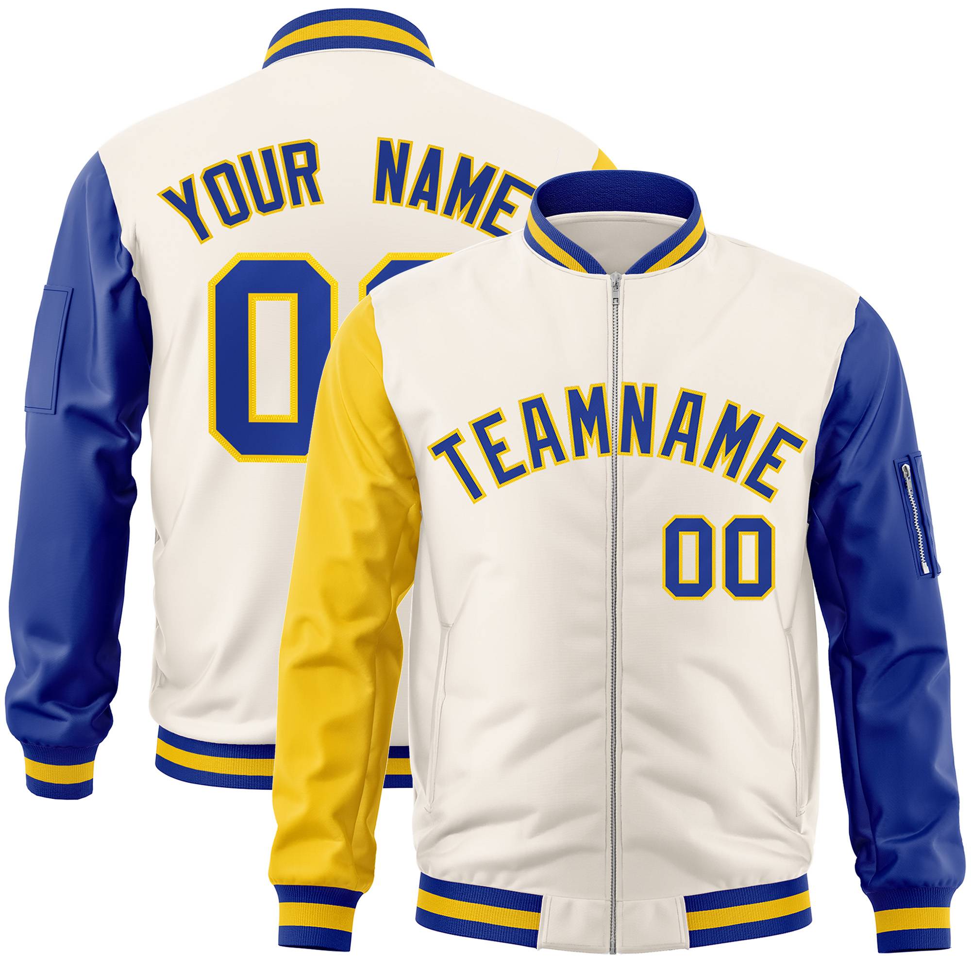 Custom Cream Royal-Gold Varsity Full-Zip Raglan Sleeves Letterman Bomber Jacket