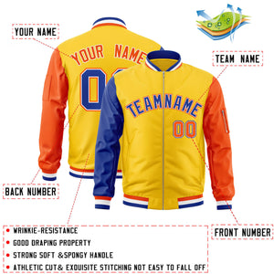 Custom Gold Orange-Royal Varsity Full-Zip Raglan Sleeves Letterman Bomber Jacket