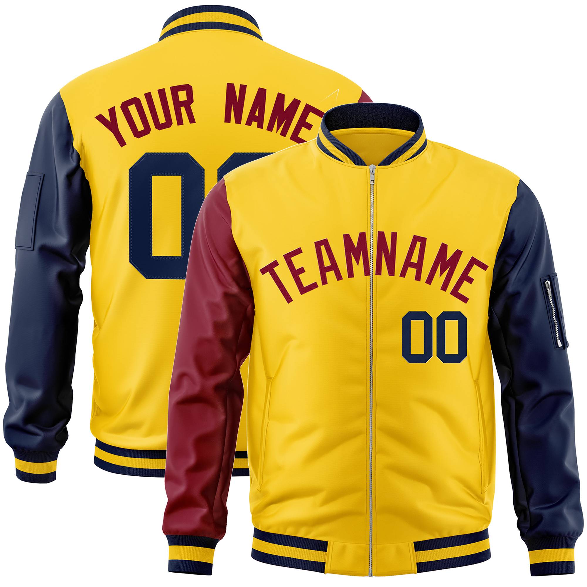 Custom Gold Navy-Crimson Varsity Full-Zip Raglan Sleeves Letterman Bomber Jacket