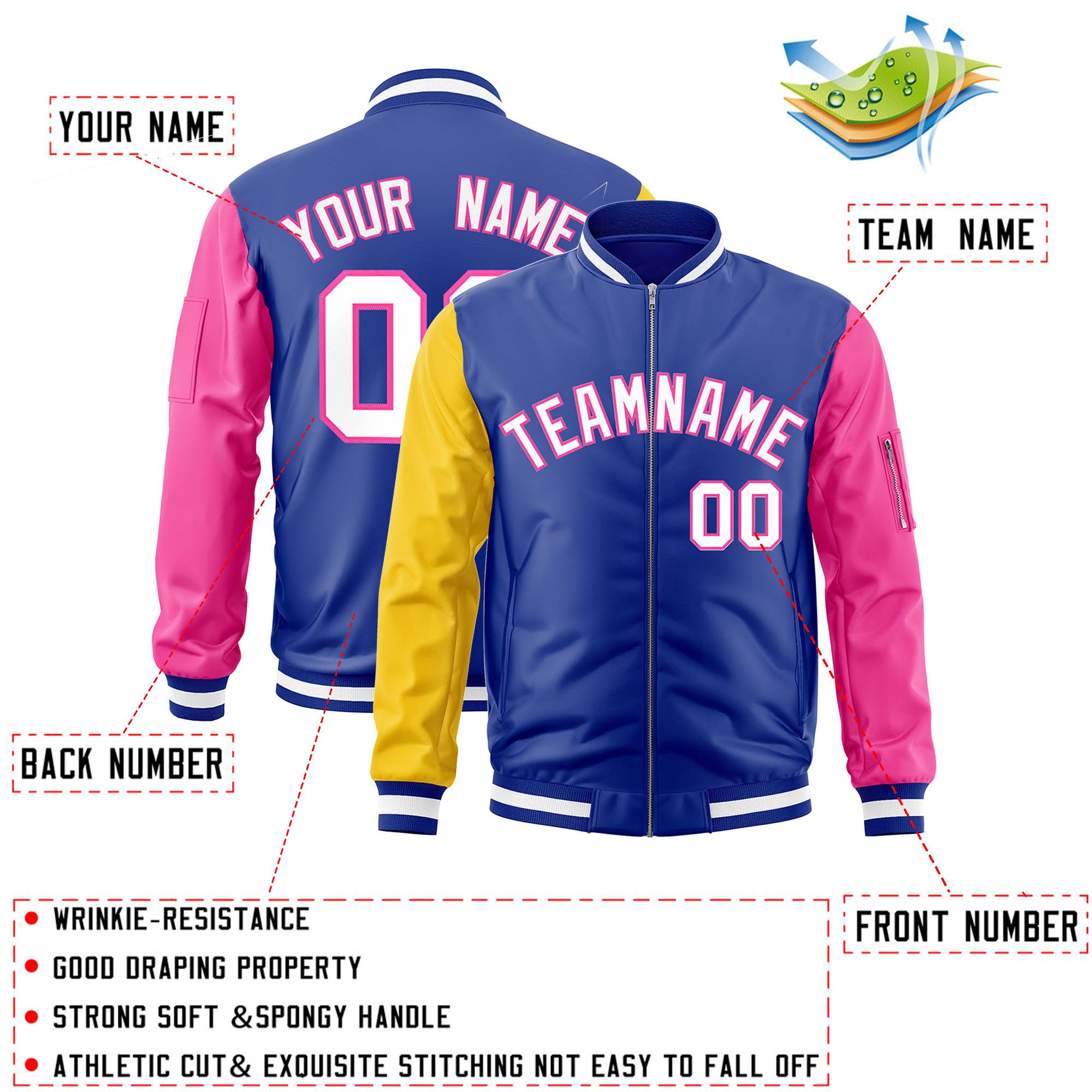 Custom Royal Pink-Gold Varsity Full-Zip Raglan Sleeves Letterman Bomber Jacket