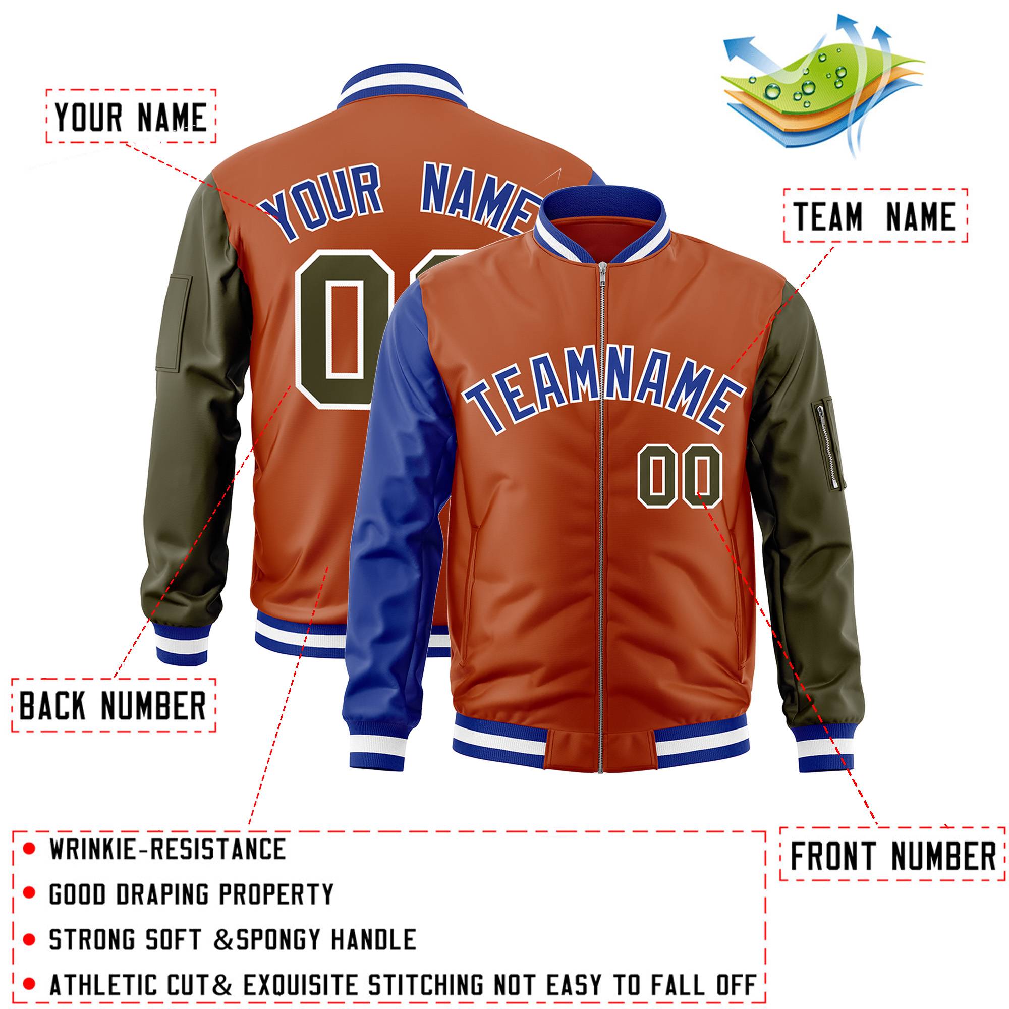 Custom Texas Orange Olive-Royal Varsity Full-Zip Raglan Sleeves Letterman Bomber Jacket