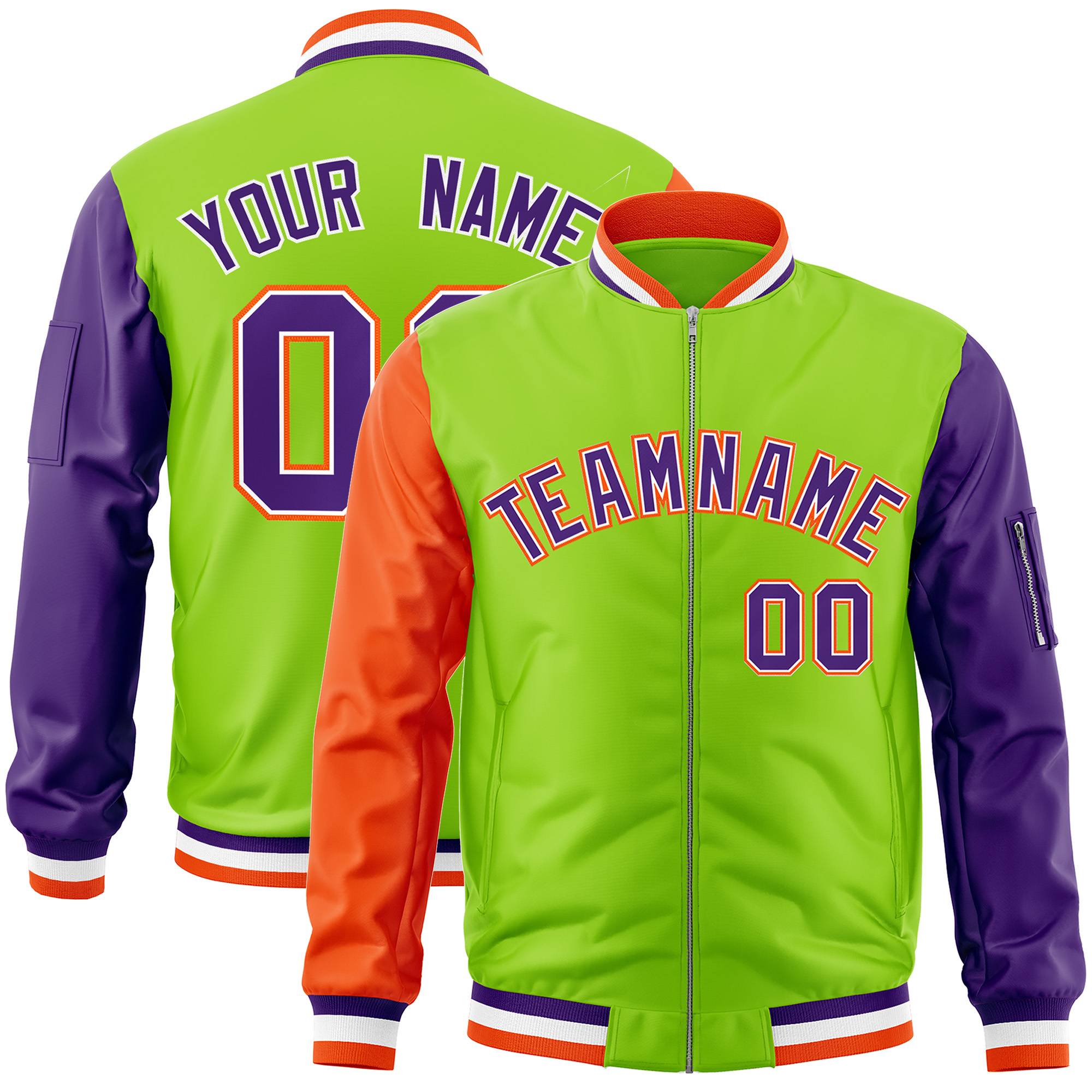 Custom Neon Green Purple-Orange Varsity Full-Zip Raglan Sleeves Letterman Bomber Jacket