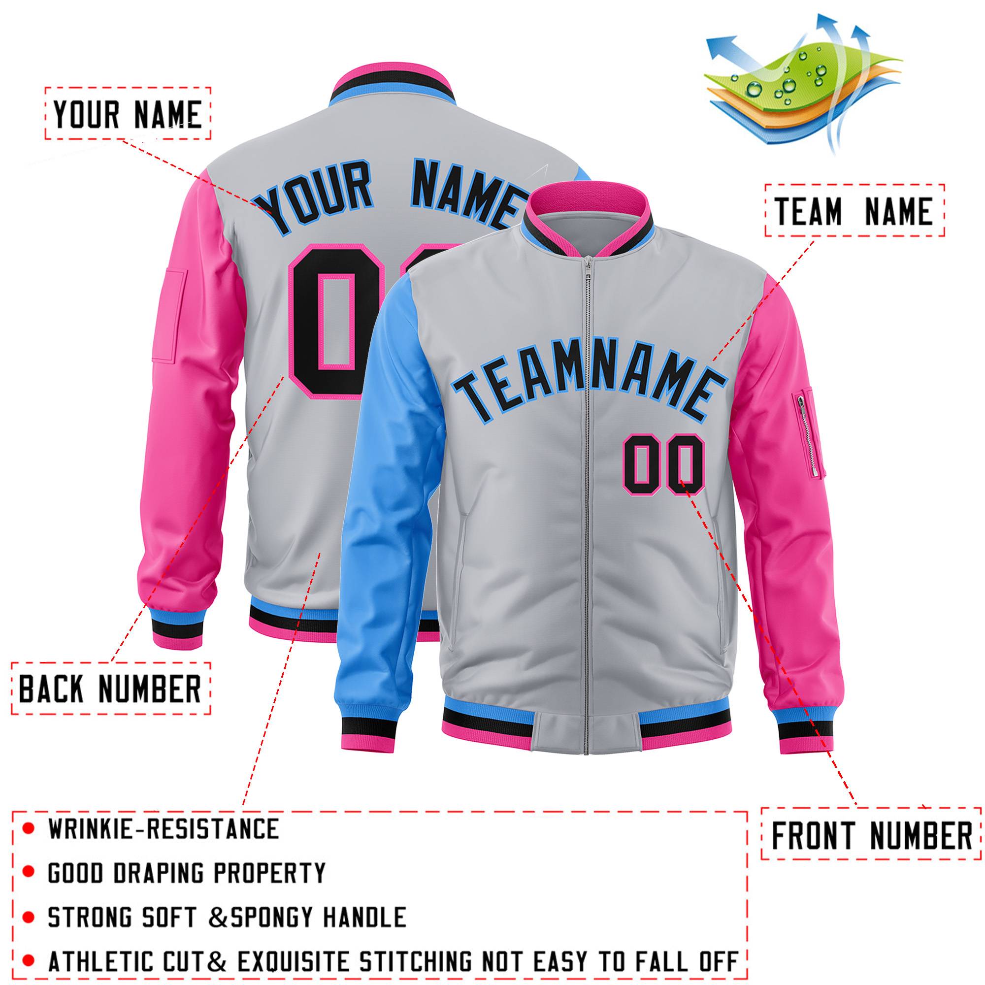 Custom Gray Pink-Powder Blue Varsity Full-Zip Raglan Sleeves Letterman Bomber Jacket