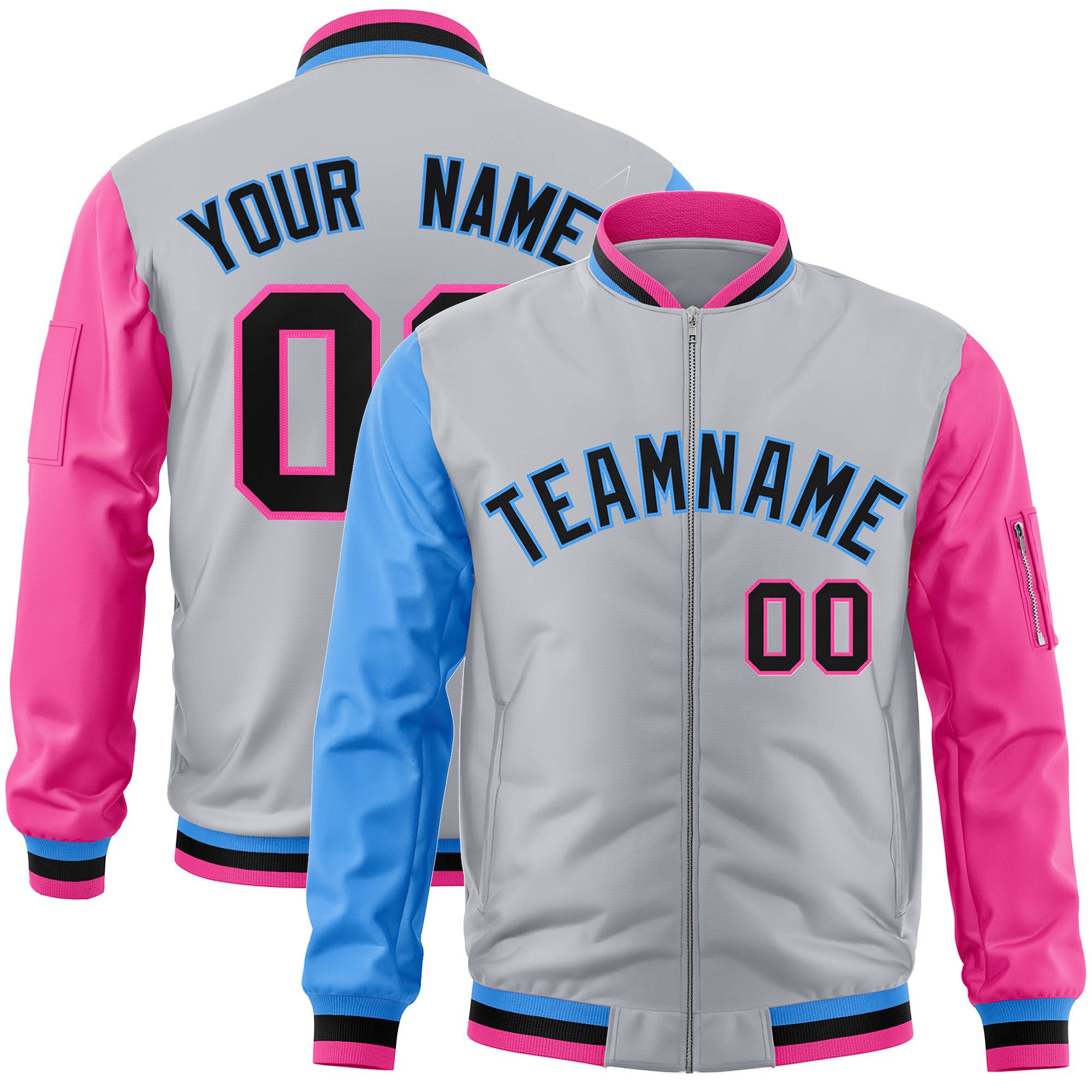 Custom Gray Pink-Powder Blue Varsity Full-Zip Raglan Sleeves Letterman Bomber Jacket