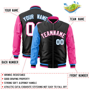 Custom Black Pink-Powder Blue Varsity Full-Zip Raglan Sleeves Letterman Bomber Jacket