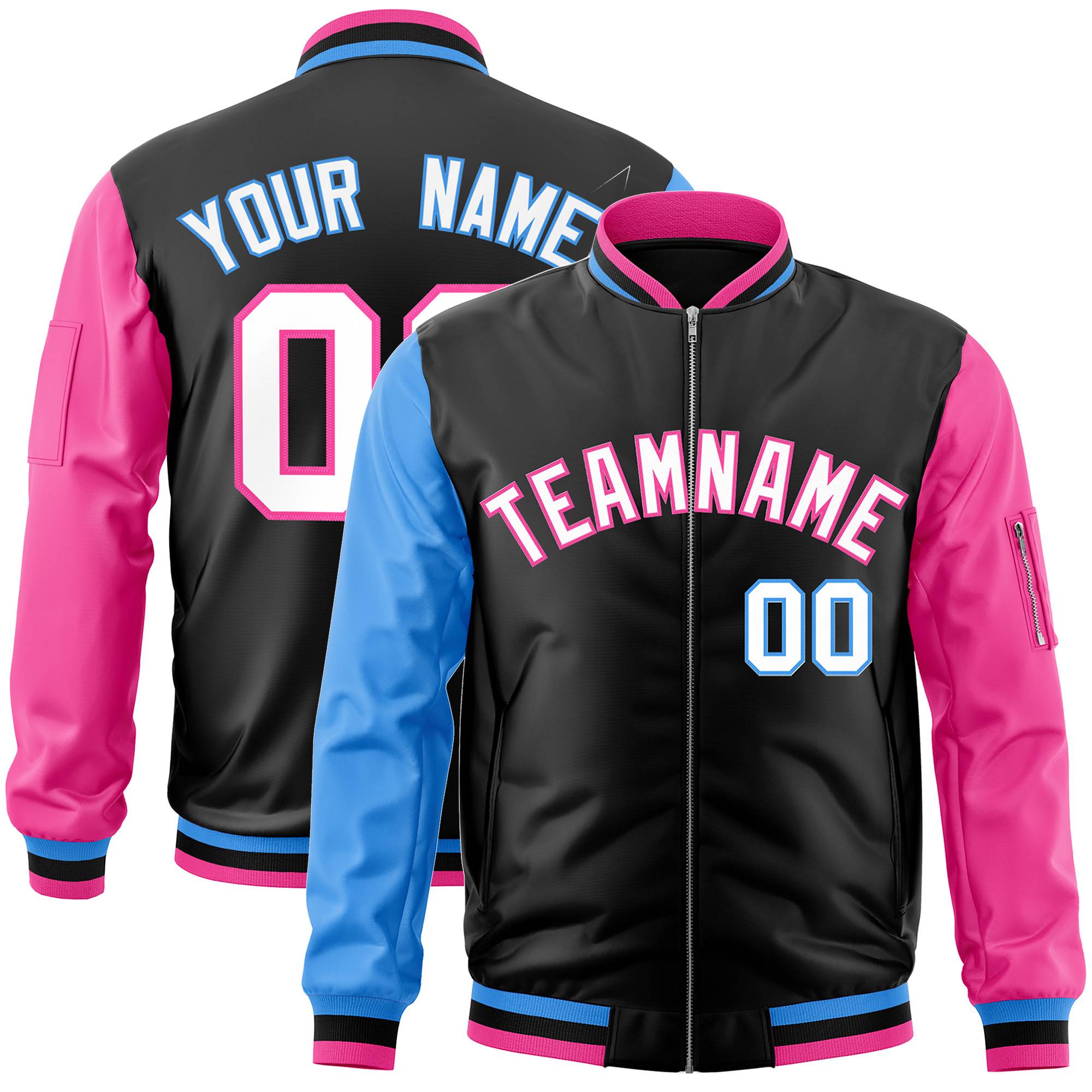 Custom Black Pink-Powder Blue Varsity Full-Zip Raglan Sleeves Letterman Bomber Jacket