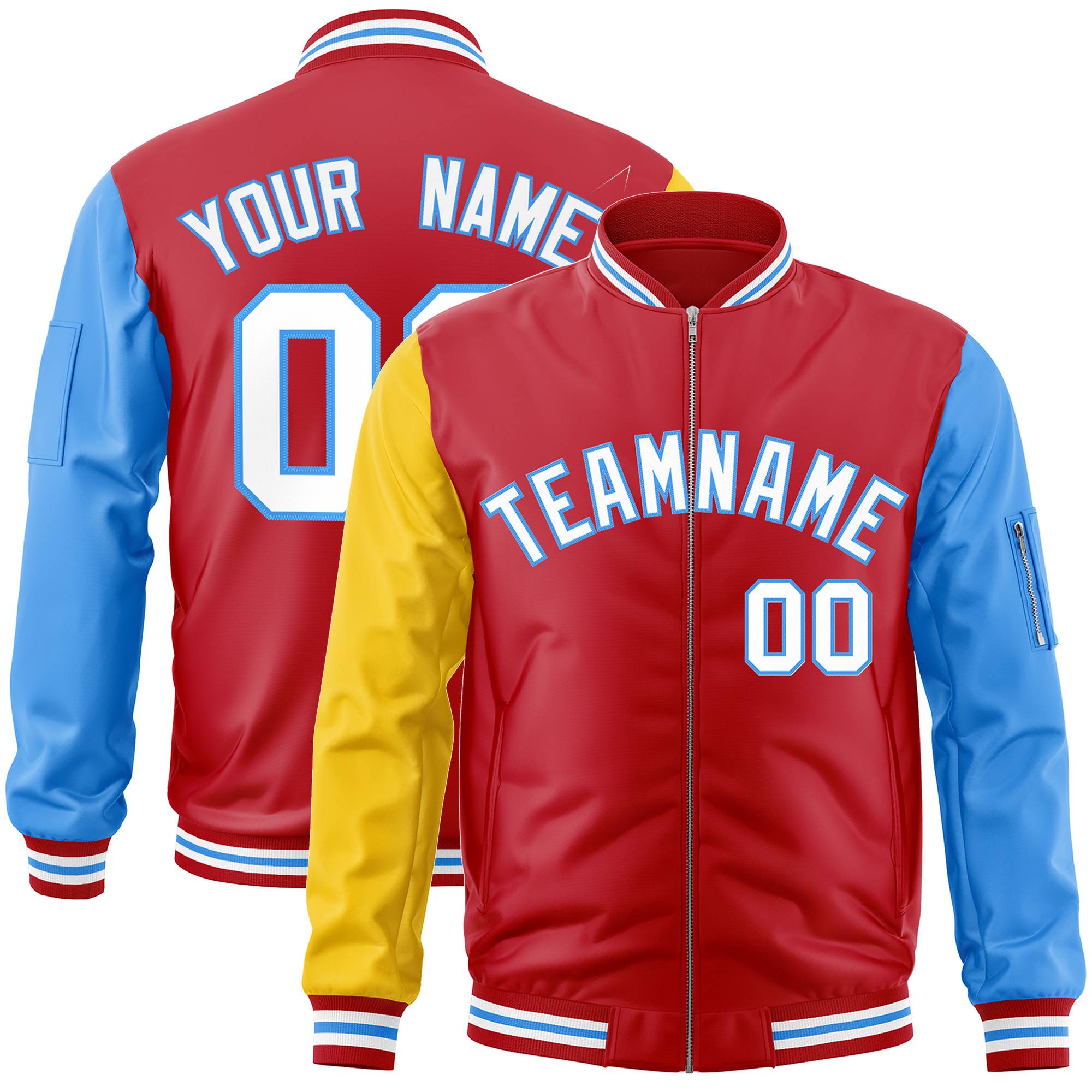 Custom Red Powder Blue-Gold Varsity Full-Zip Raglan Sleeves Letterman Bomber Jacket