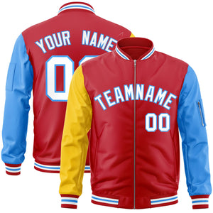 Custom Red Powder Blue-Gold Varsity Full-Zip Raglan Sleeves Letterman Bomber Jacket