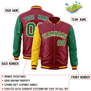 Custom Crimson Kelly Green-Gold Varsity Full-Zip Raglan Sleeves Letterman Bomber Jacket