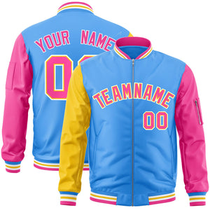 Custom Powder Blue Pink-Gold Varsity Full-Zip Raglan Sleeves Letterman Bomber Jacket