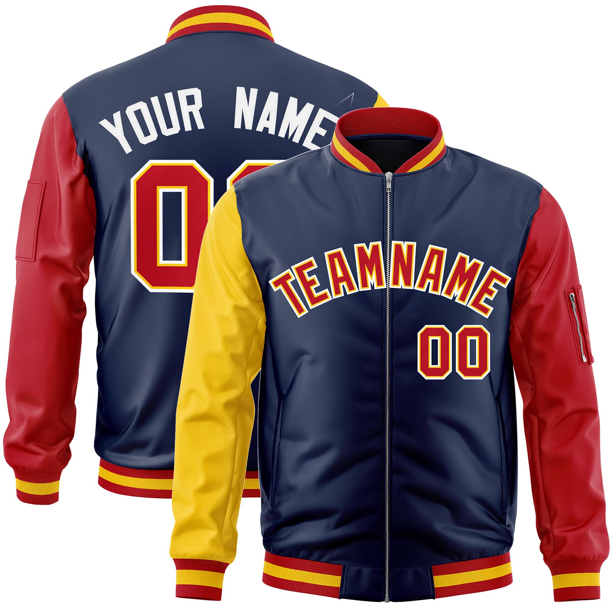 Custom Navy Red-Gold Varsity Full-Zip Raglan Sleeves Letterman Bomber Jacket