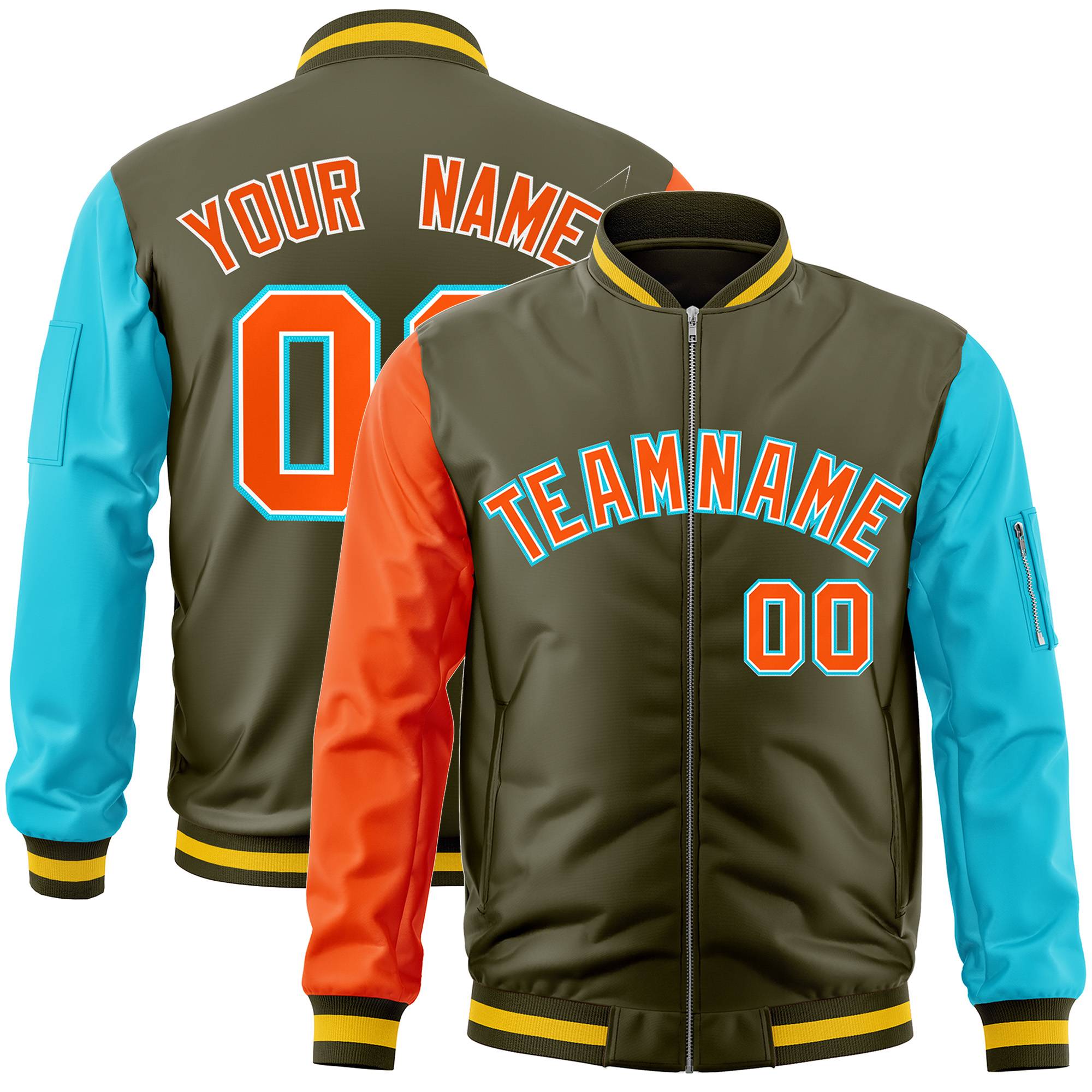 Custom Olive Sky Blue-Orange Varsity Full-Zip Raglan Sleeves Letterman Bomber Jacket